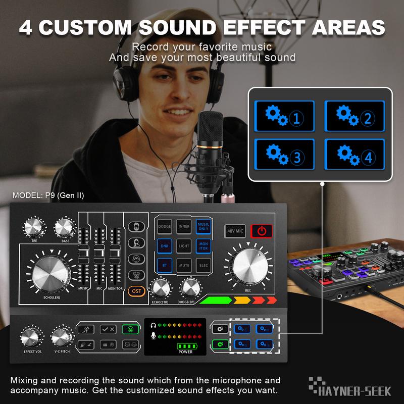 Hayner-Seek Podcast Equipment Bundle for 2, Audio Mixer with Condenser Microphone and 48V Phantom Power Supply Audio Interface for Live Stream Record Game