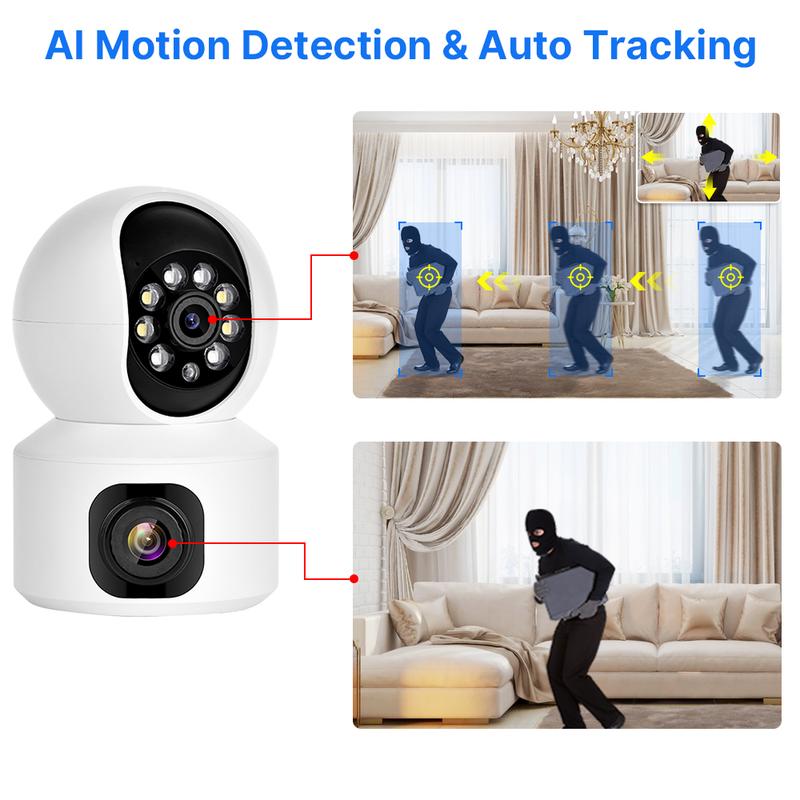 2K 360° PTZ Dual Lens PTZ Indoor Security Camera, 2.4G WiFi Smart Cam for Home, w Night Vision, Motion Detection, 2-Way Audio, Cloud & SD Card Storage