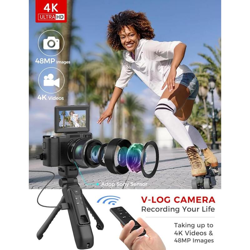 4K 48MP Remote Control Vlogging Camera for Vloggers  Digital Camera with Creator Accessory Kit Autofocus Flip Screen Photography Cameras with Tripod Grip, Wide-angle Macro lens, Mic, Batteries For Photographer Full HD Camcorder with Remote and Fill Light