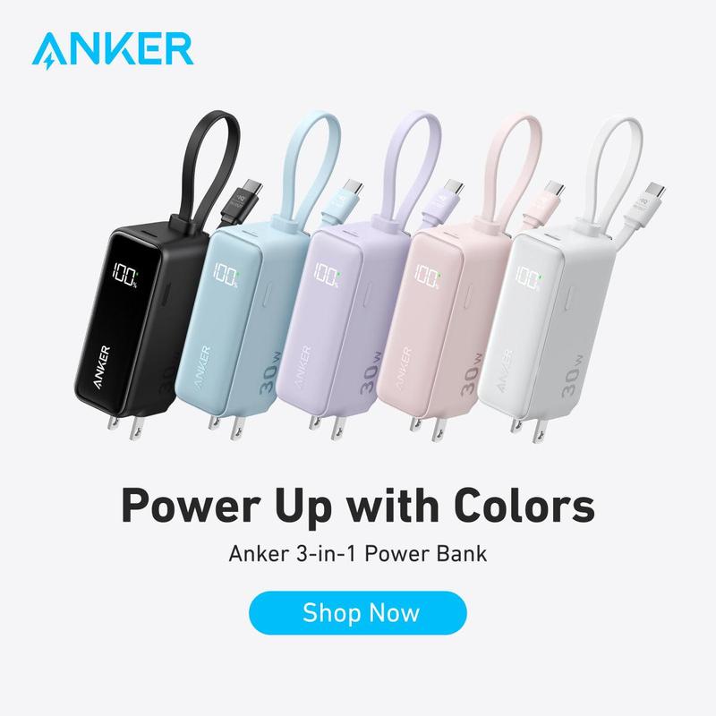 Anker 3in1 Power Bank Charger, 5,000mAh 10,000mAh Portable Charger with Built-in Cable and Foldable AC Plug, 30W Max, for iPhone, Galaxy, MacBook and More