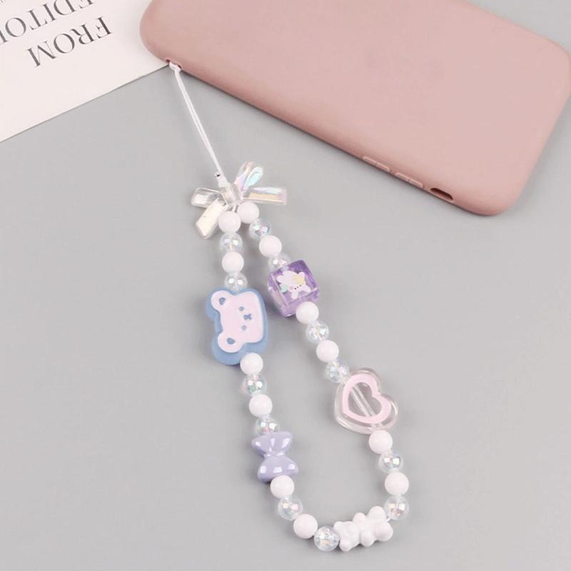 Cute Bear & Heart & Bowknot Design Beaded Phone Chain, Short Phone Decorative Lanyard, Convenient Phone Strap for Women & Girls