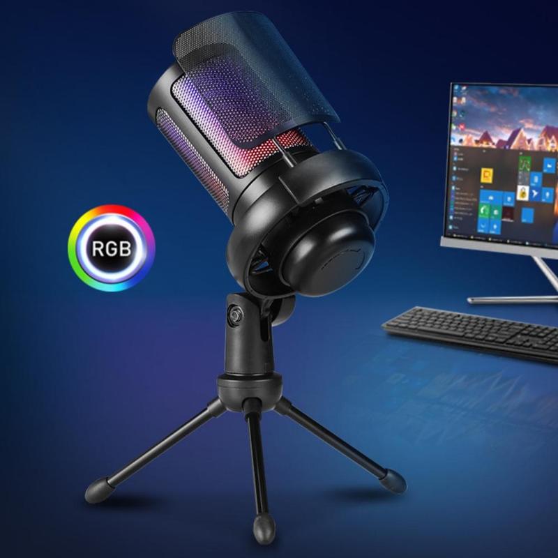 USB Microphone with Shockproof Stand & Colorful RGB Light, Plug & Play Noise Cancelling Microphone for Recording, Conferences & Gaming