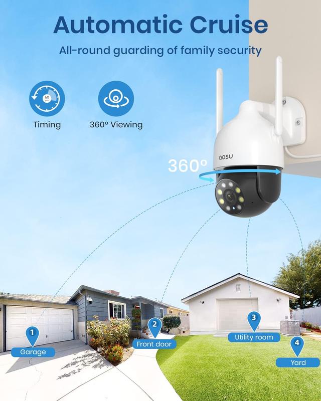 AOSU 2K Security Cameras Outdoor Home, 360°Pan-Tilt View Timed Cruise 2.4G WiFi Security Camera with Motion Tracking, Spotlight & Siren, 2-Way Audio, Full Color Night Vision, Waterproof