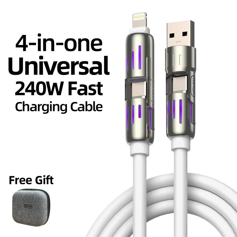 MFish 240W 4-in-One USB Charging Cable (+Free Storage Bag), Fast Charging,USB A+TYPE C+ Lightning Multi Functional Aluminum Alloy, Smartphone