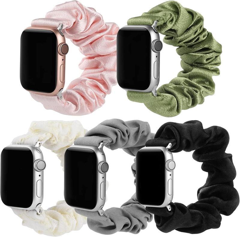 5Packs Elastic Band Solo Loop Scrunchie Bands Compatible with  Watch Series 9 8 7 (45mm) Series 6 5 4 SE (44mm) Series 3 2 1 (42mm), Women Bracelet Strap Compatible with iWatch 45 44 42,L