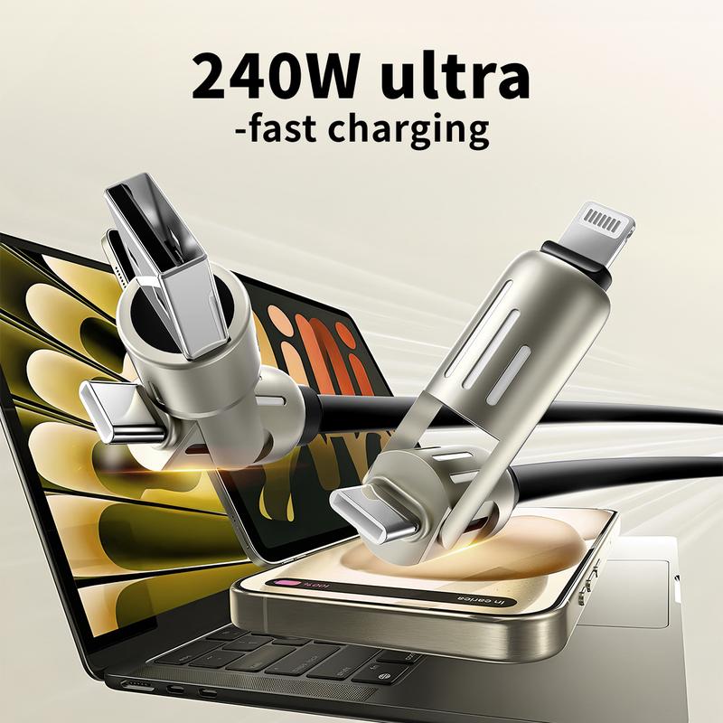 wanyted  4 in 1 USB Charging Cable (+ Free Storage Box) Fast Charging MAX 240W USB A+ TYPE C+ Lightning Multi-function Aluminum Alloy 240W for iPhone 15 14 Samsung Galaxy, Android Phones and Tablets iPad Pro