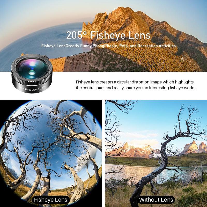 APEXEL 6 in 1 Phone Lens Kit, 205° Fisheye Lens & 25X Macro Lens & 140° Wide Angle Lens & CPL Lens & Star Filter & ND Filter, Phone Photography Accessories