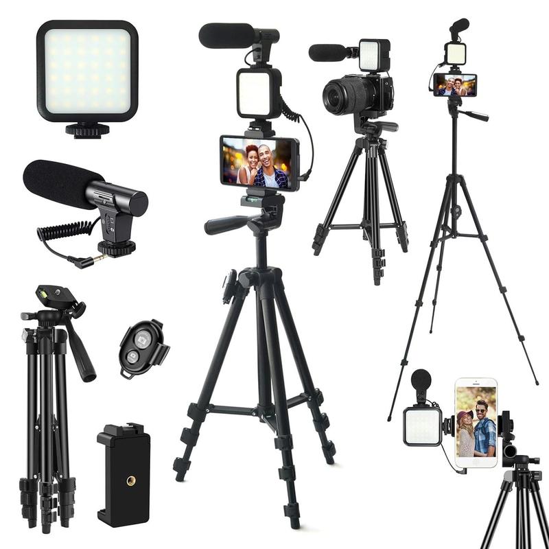 Video Blog Kit for YouTubers, 1 Set Telescopic Tripod & Microphone & Fill Light & Remote Control, Perfect Video Recording Accessories for iPhone & Android & Camera