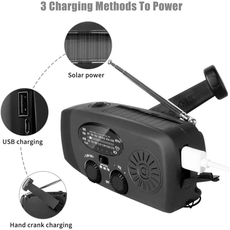 Portable Mini Emergency Radio! FM AM NOAA, hand crank solar powered. 2000mAh battery, SOS alert, 3 LED flashlight & phone charger.