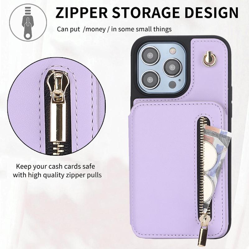 PU Leather Zipper Wallet Phone Case with Lanyard, 1 Count Shockproof Phone Case with Card Slot, Phone Accessories for iPhone 16 15 14 13 12 11 Series