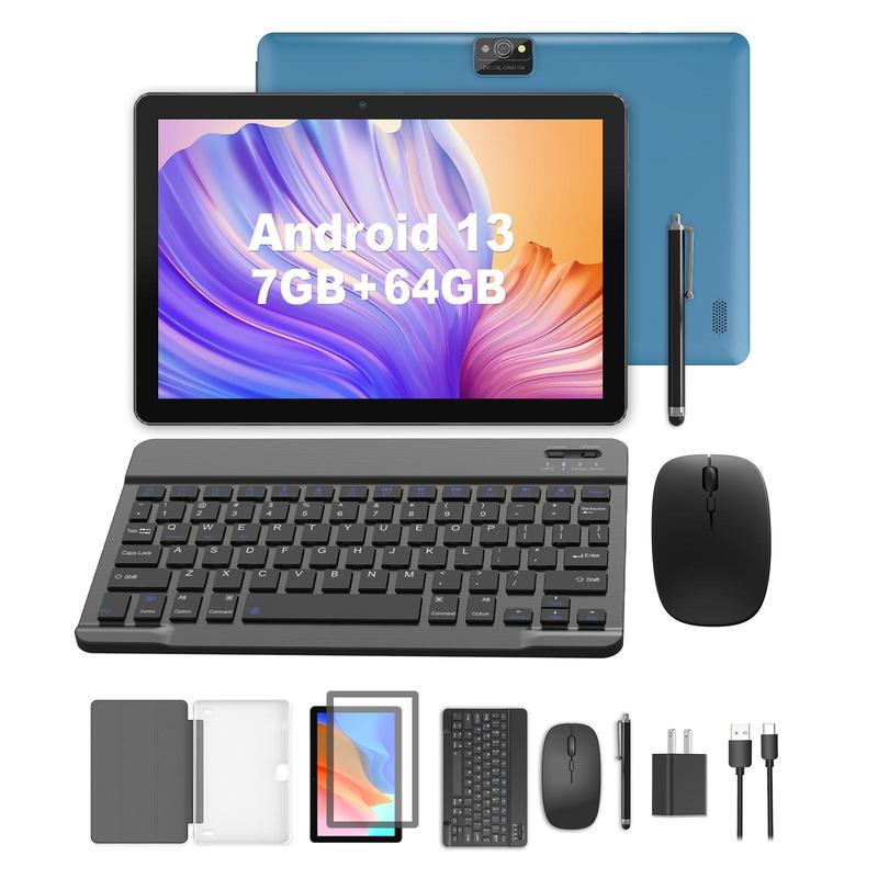 10 Inch Android 13 Tablet, 1 Set 7GB RAM 64GB ROM Tablet with Keyboard & Mouse & Case, 5G Dual-band WIFI6 Tablet, 2MP+8MP Camera Tablet