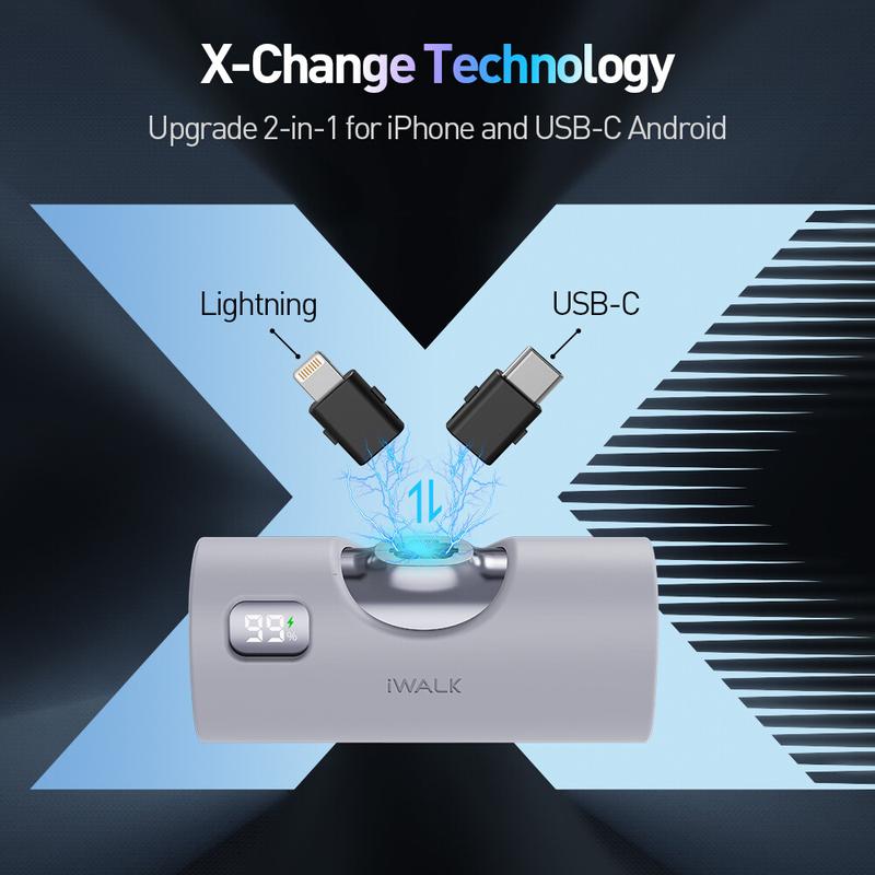 iWALK LinkPod X Portable Charger with 2 Exchangable Plug 5000mAh Small Power Bank Battery Pack Compatible with iPhone 16,16 Pro,16 Pro Max,15,15 Plus,15 Pro,15 Pro Max,14,13,12,XR,8,AirPods,Black Charging Devices