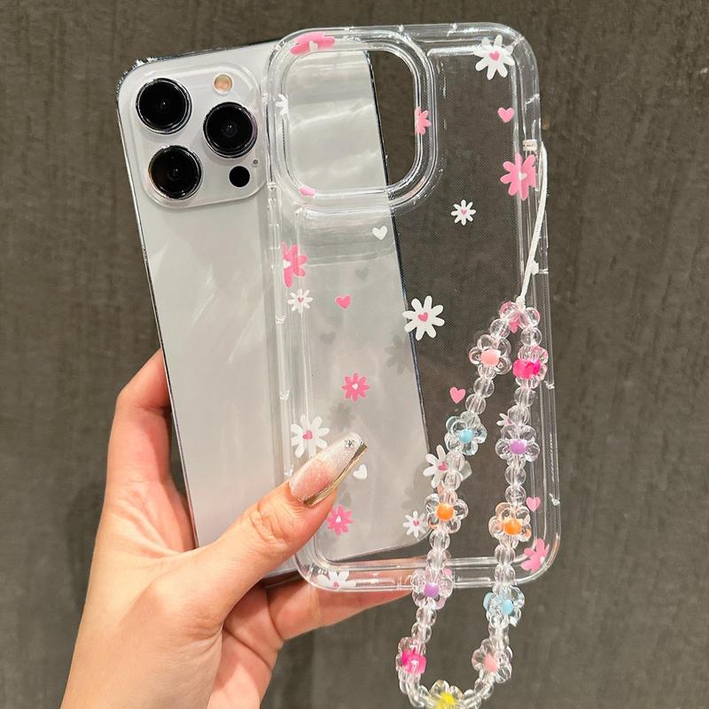 Cute Flower & Heart Decorative Phone Case with Lanyard, Shockproof Phone Protective Cover, Phone Accessories Compatible with iPhone 11 12 13 14 15 Pro Max