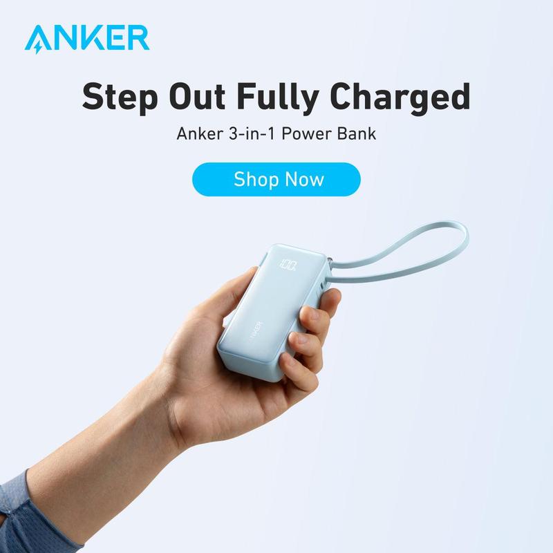 Anker 3in1 Power Bank Charger, 5,000mAh 10,000mAh Portable Charger with Built-in Cable and Foldable AC Plug, 30W Max, for iPhone, Galaxy, MacBook and More