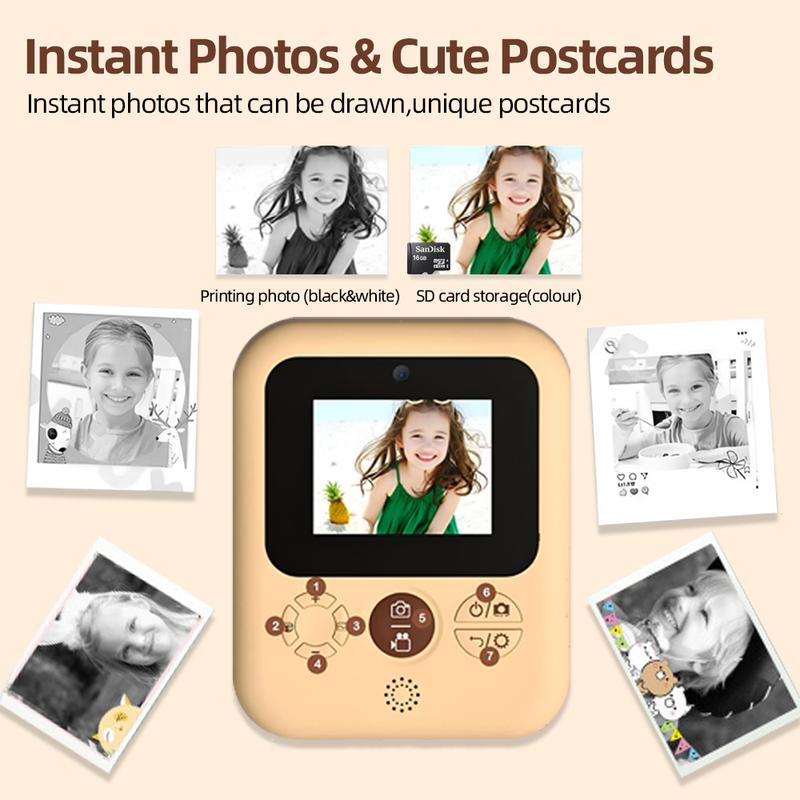 Instant print camera for kids, creative Christmas and birthday gift for boys and girls ages 6 and up, HD digital camera with thermal paper, educational children's toy camera, portable instant print camera, includes 32GB SD card Charging