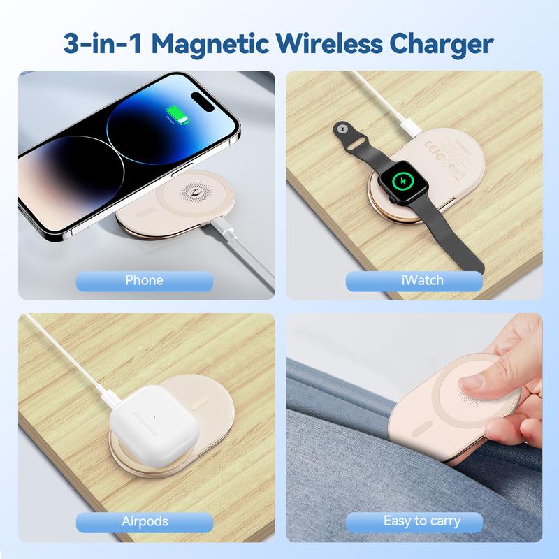 3in1 Magnetic Wireless charger for Apple Devices, MagSafe Charging Pad Compatible with iPhone 16 15 14 13 12 Series, Apple Watch, Airpods, with 5ft Charging Cable