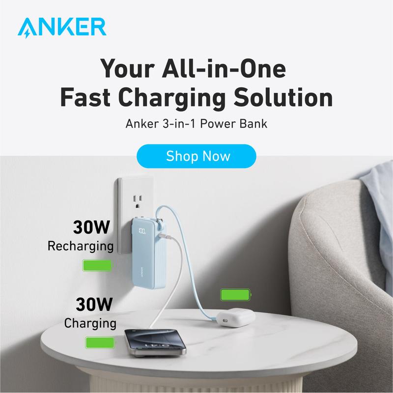 Anker 3in1 Power Bank Charger, 5,000mAh 10,000mAh Portable Charger with Built-in Cable and Foldable AC Plug, 30W Max, for iPhone, Galaxy, MacBook and More