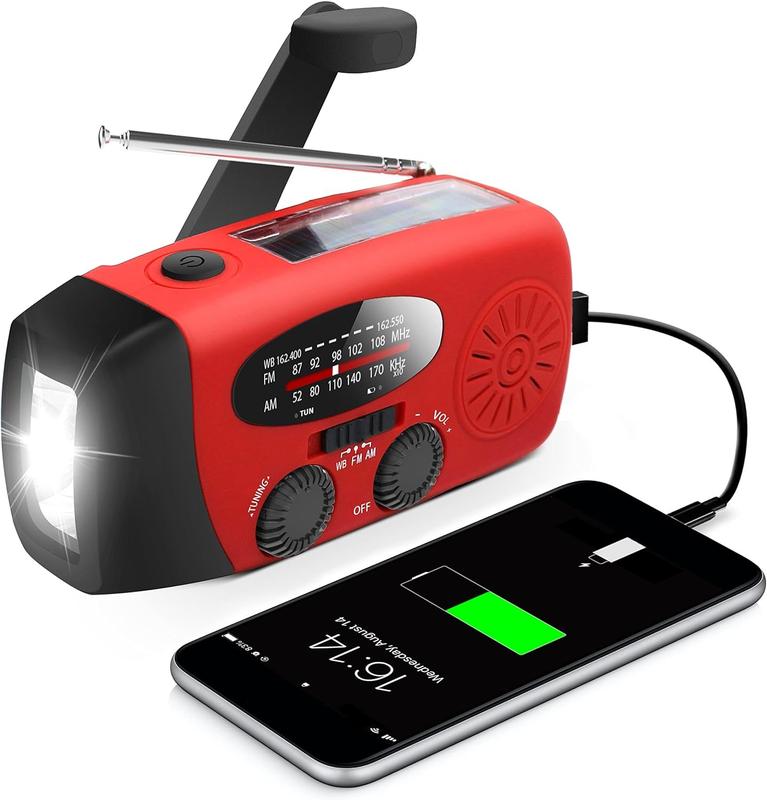 AM FM NOAA Emergency Hand Crank Radio with 2000mAh Power Bank, LED Flashlight, Solar & USB Charging for Outdoor Camping, Hurricane & Emergency Situations