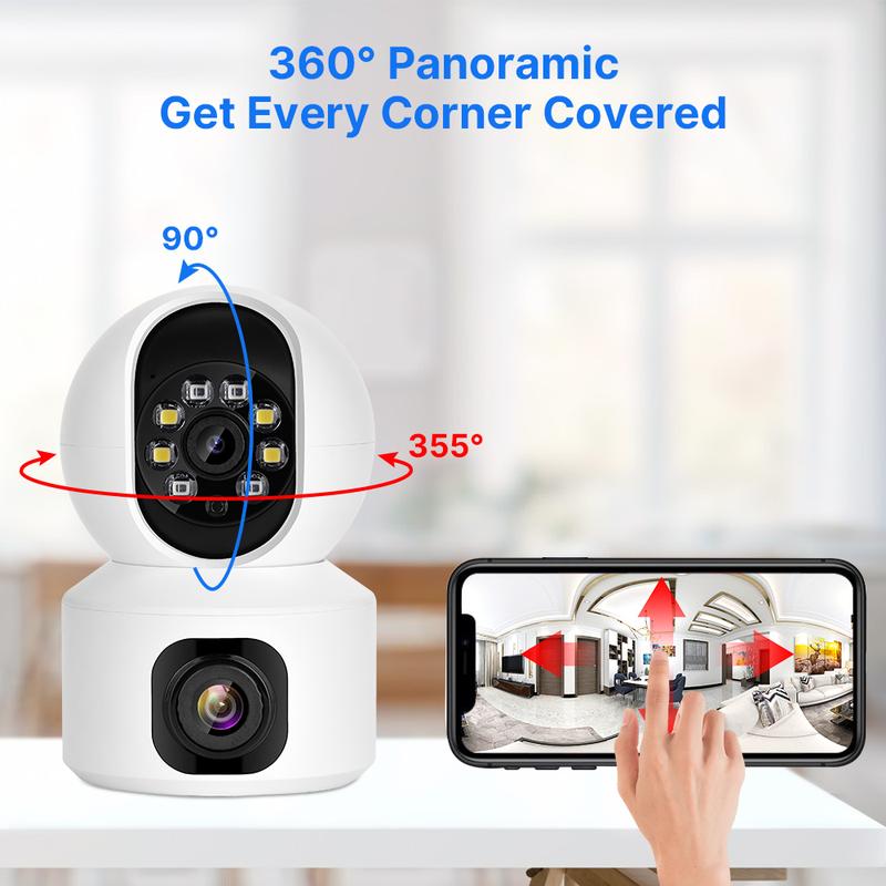 2K 360° PTZ Dual Lens PTZ Indoor Security Camera, 2.4G WiFi Smart Cam for Home, w Night Vision, Motion Detection, 2-Way Audio, Cloud & SD Card Storage