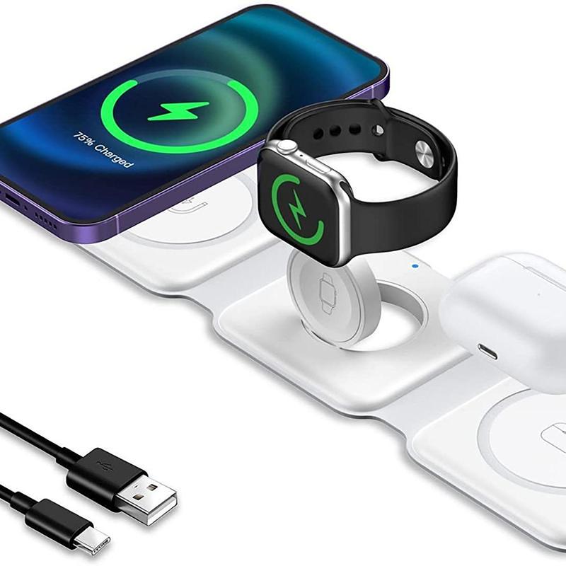 3 in 1 Fast Wireless Charging Pad, Magnetic Foldable 3 in 1 Charging Station, Compatible with iPhone 15 14 Pro ProMax Plus 13 12 11 XR XS Series, Apple Watch Ultra1, 2nd Generation Series 9 SE, AirPods 3 2 Pro (White),A must-have on the go! Waterproof