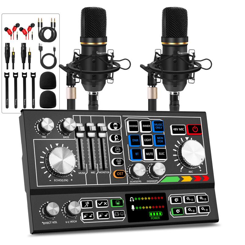 Hayner-Seek Podcast Equipment Bundle for 2, Audio Mixer with Condenser Microphone and 48V Phantom Power Supply Audio Interface for Live Stream Record Game