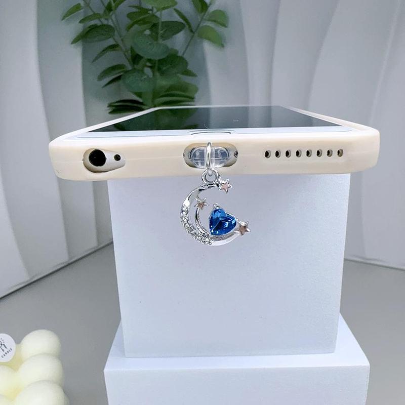 Moon & Star Design Phone Charging Port Dust Plug, Rhinestone Decor Phone Charging Port Dust Plug, Phone Accessories