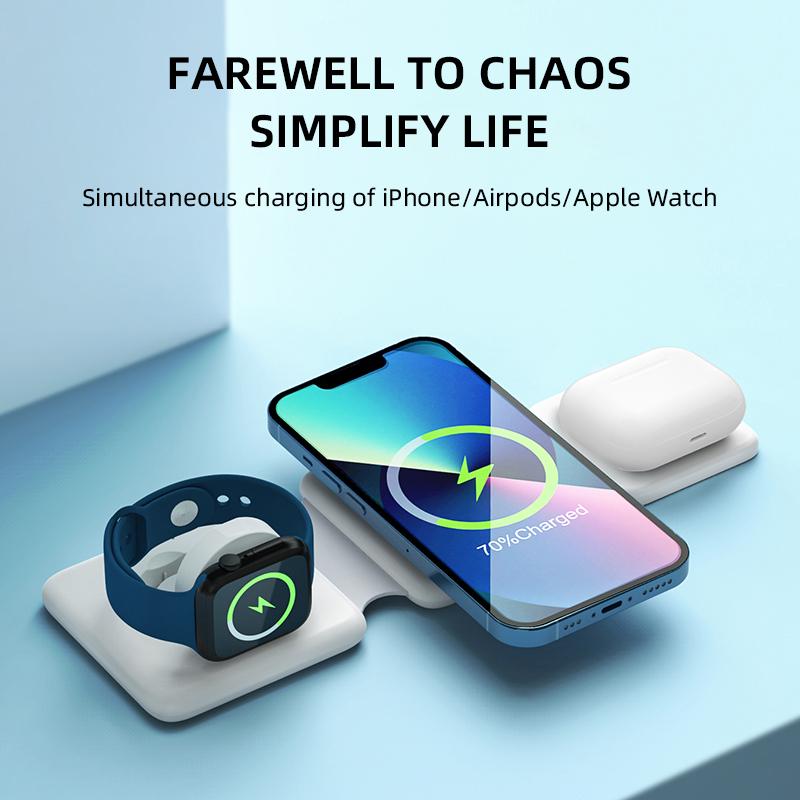 3 in 1 Fast Wireless Charging Pad, Magnetic Foldable 3 in 1 Charging Station, Compatible with iPhone 15 14 Pro ProMax Plus 13 12 11 XR XS Series, Apple Watch Ultra1, 2nd Generation Series 9 SE, AirPods 3 2 Pro (White),A must-have on the go! Waterproof