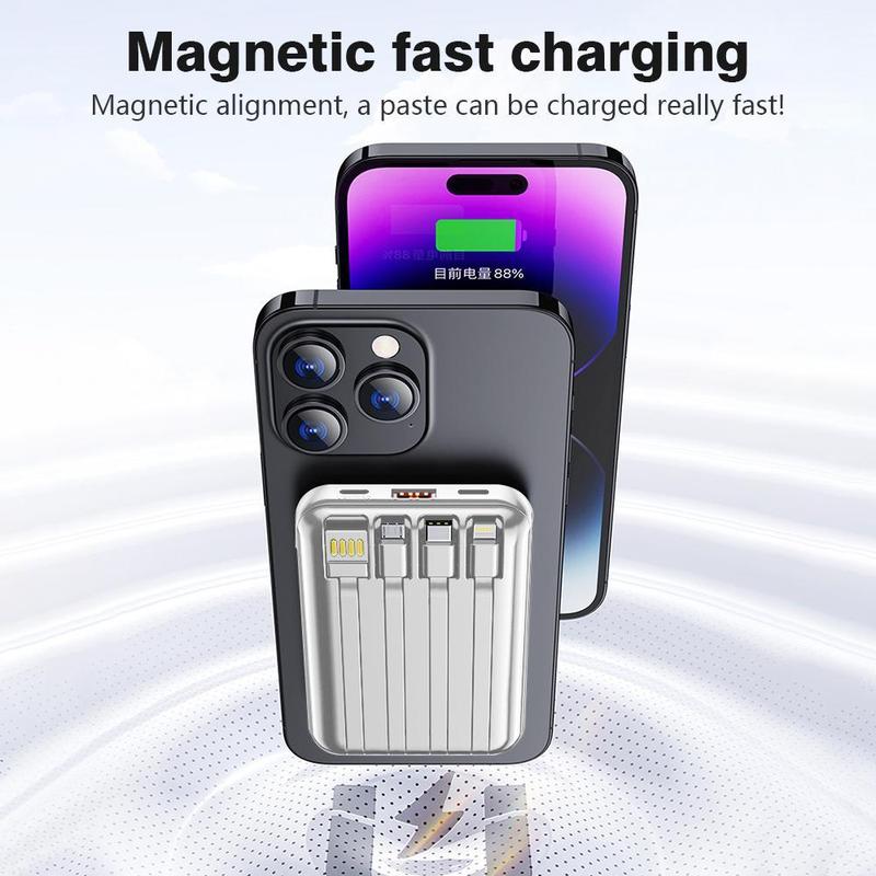 For MagSafe Portable Charger, 10000mAh Wireless Magnetic Mobile Power with 4 Built-in Cables, Ultra Slim Cell Phone Battery Pack for iiPhone 15 14 13 12 Pro Mini Pro Max