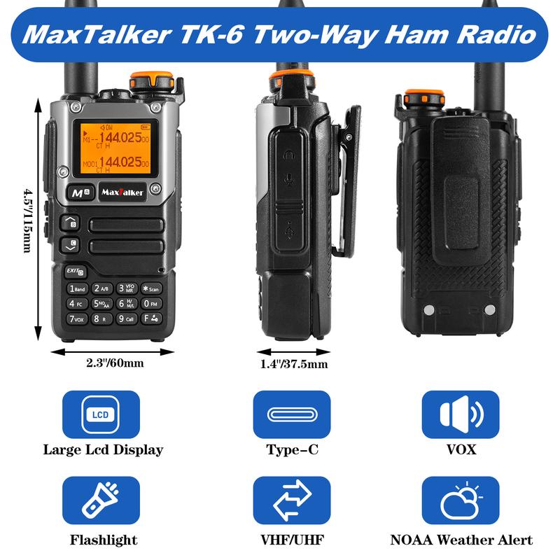 MaxTalker TK-6 Ham Radio Handheld Long Range with 1600mAh Type-C Charging Battery, UHF VHF FM AM Multi-Band Two Way Radio NOAA Portable Walkie Talkies