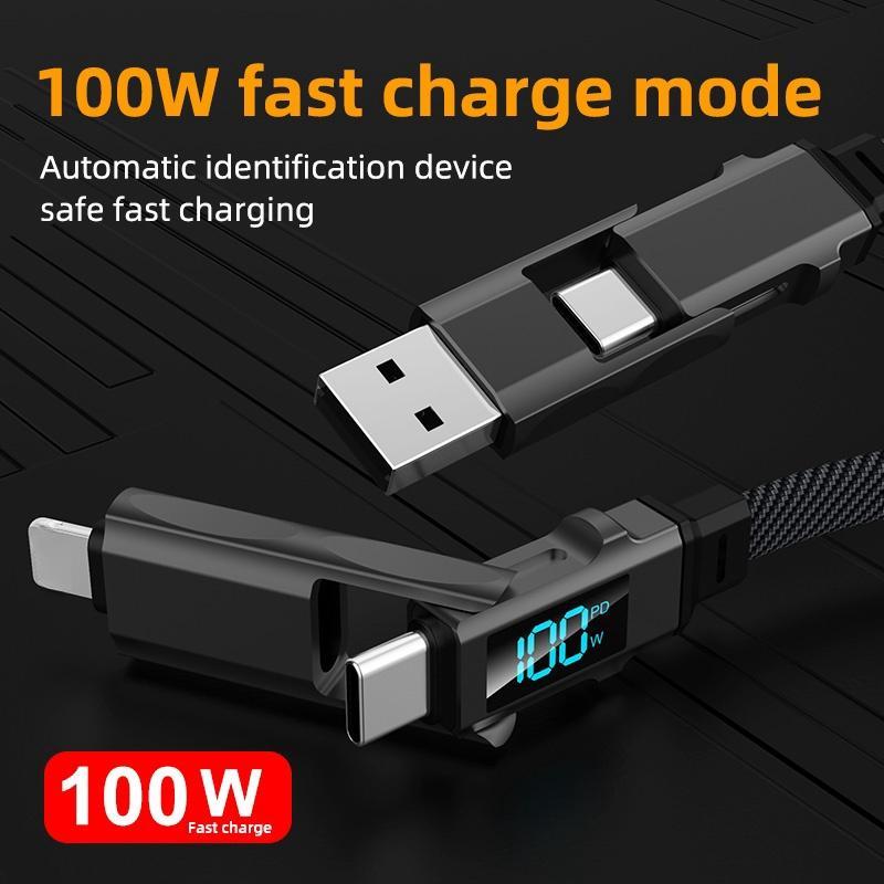 4 in 1 USB-C Cable, 100W Fast Charging Sync Data Cable, Digital Display Function Compatible with Most Electronic Devices