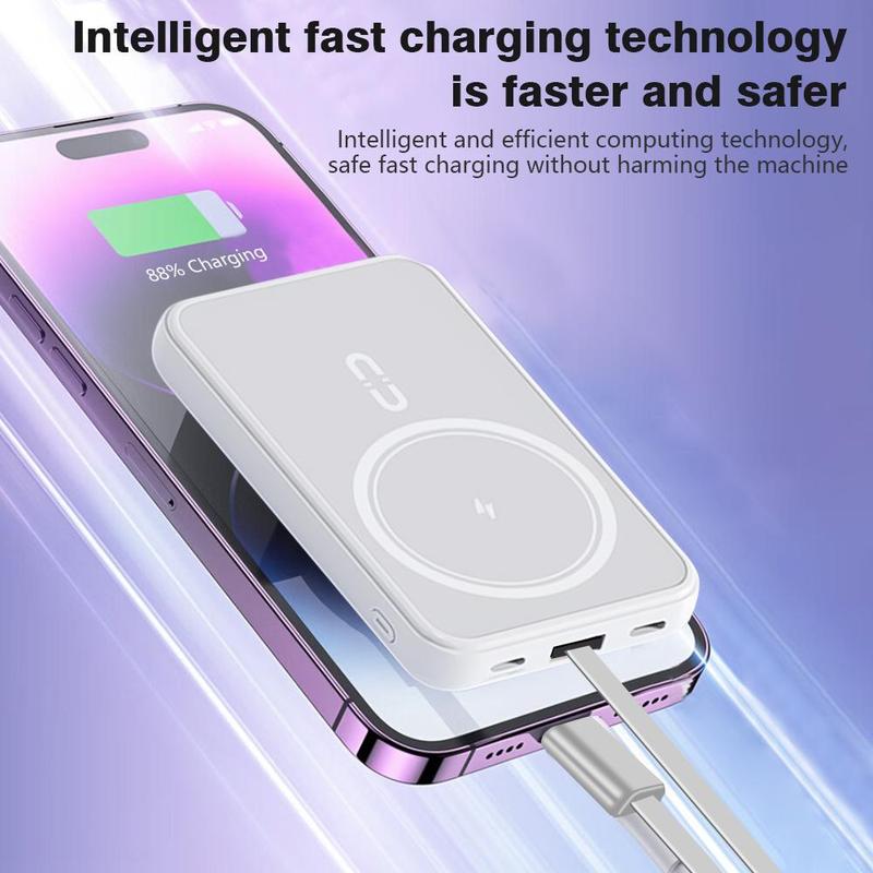 For MagSafe Portable Charger, 10000mAh Wireless Magnetic Mobile Power with 4 Built-in Cables, Ultra Slim Cell Phone Battery Pack for iiPhone 15 14 13 12 Pro Mini Pro Max