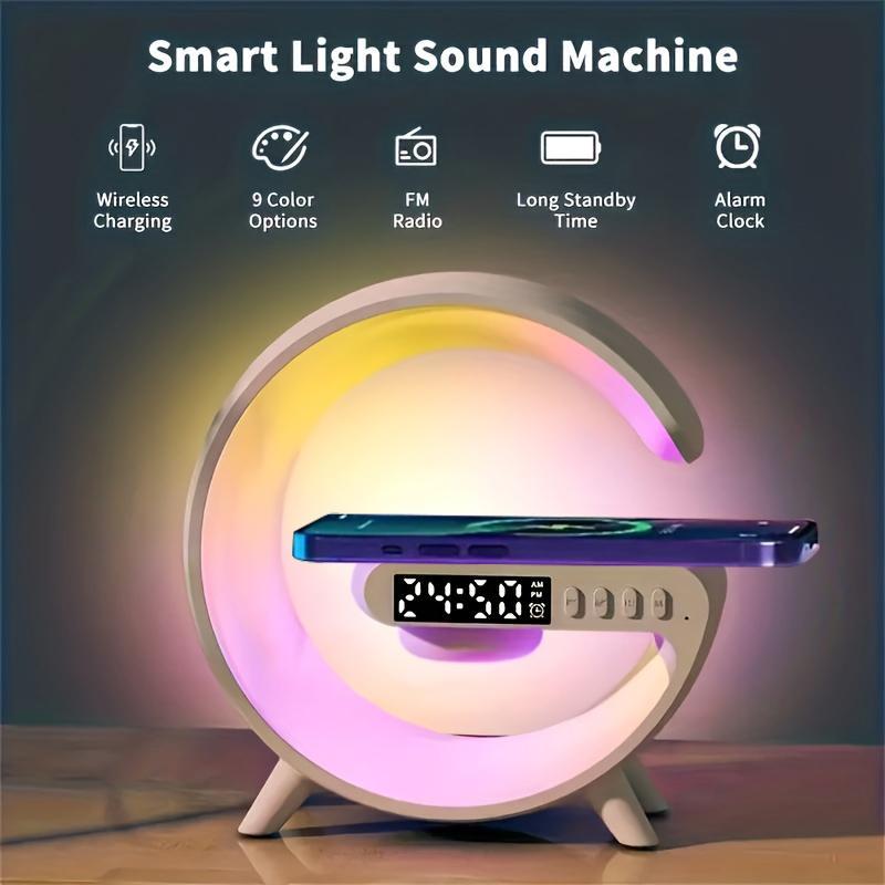 RGB Night Light Lamp Multifunctional Wireless Audio Speaker, Multifunctional Wireless Speaker with Alarm Clock, Rechargeable Speaker, Wireless Charger Station for Smartphone