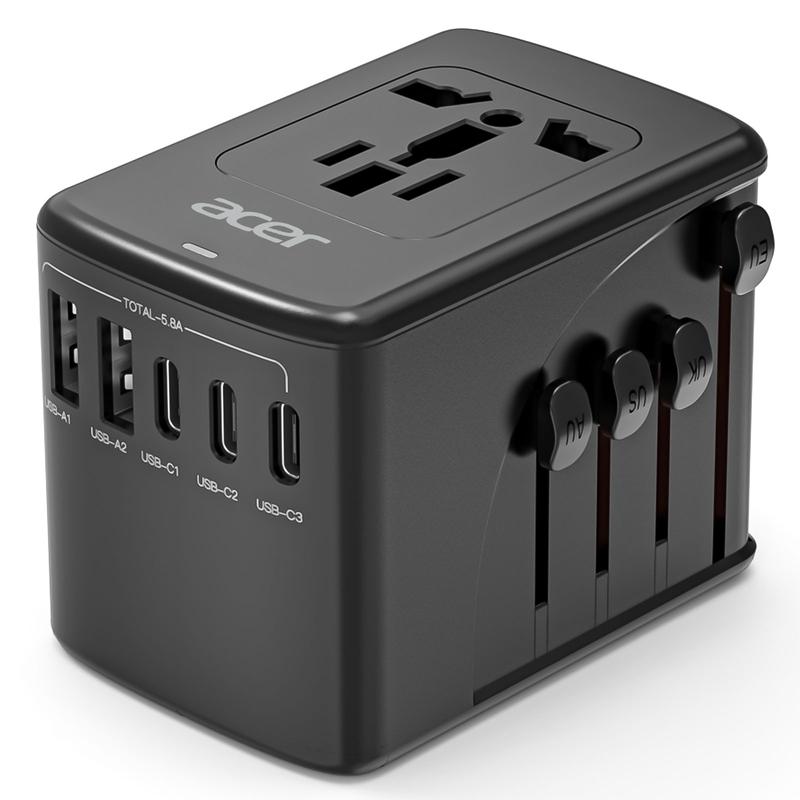 Acer 6 in 1 Universal Travel Adapter Global Compatibility Wall Charger  3 USB-A & 2 USB-C AC Plug Cellphone Smartphone Electronic Devices Charging Adapter with 8A   2000W Max Power for USA EU UK AUS