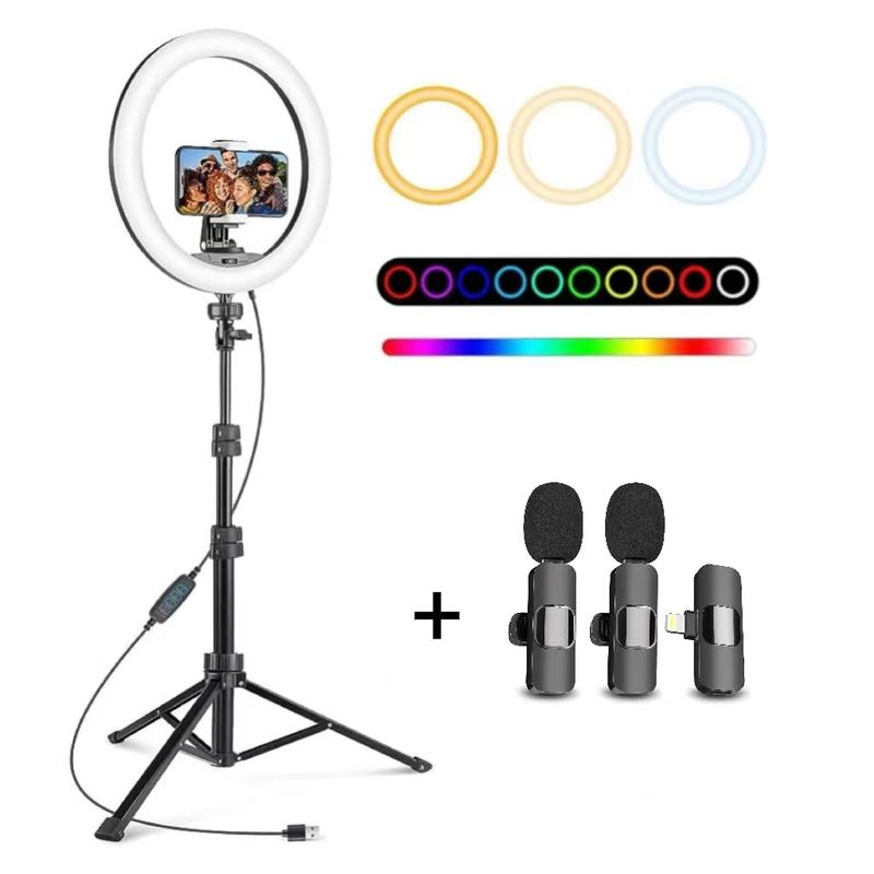 [Creator Set] 12” Selfie Ring Light with Microphones, Ring Light with 63” Tripod and Phone Holders, Compatible with iPhone, Android, Makeup