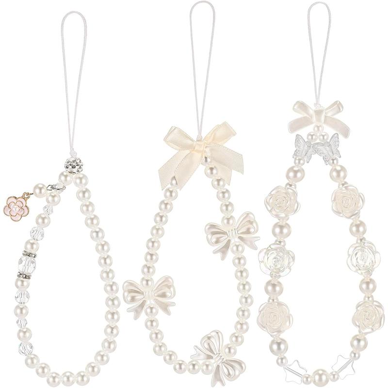 3 Pcs Butterfly Bow Knot Beaded Phone Charm Heart Y2k Pearl Strap Lanyard Wrist Cute Aesthetic Flower Stationery Decoration Charm Accessories Acrylic