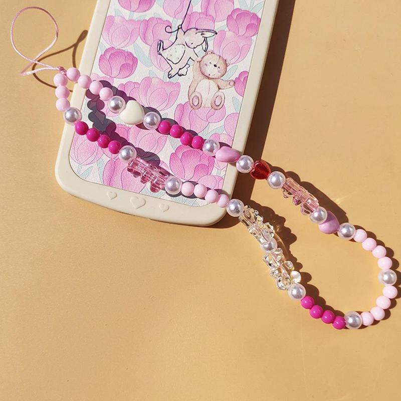 Fashion Cute Peach Heart & Bear Shape Mobile Phone Strap, Resin Beaded Cell Phone Chain For Women & Girls