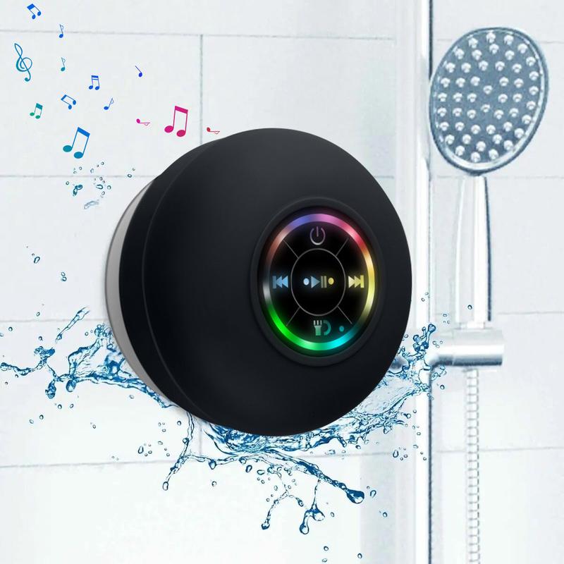 Suction Cup Bluetooth Speaker Portable Shower Speakers with LED Light IPX4 Waterproof Bathroom Bluetooth Speaker Gift for Men & Women (Black)