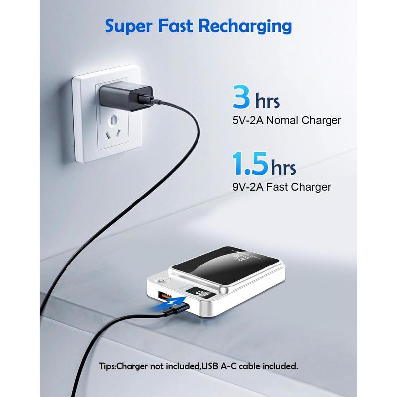 Magnetic Wireless Power Bank, 10000mAh Portable Charger with 15W Fast Wireless Charging 22.5W USB PD QC3.0 Type-C LED Display Battery Pack Compatible for iPhone 14 15 13 12 Series (White) Adapter Cable Devices Digital Cellphone Smartphone Electronic