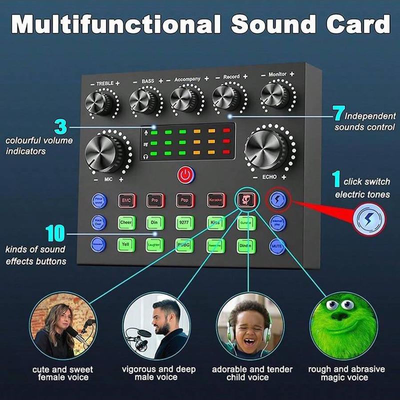 V8S Audio Mixer with Voice Changer (1 Set), Podcast Mixer, Sound Card for Phone Gaming Karaoke Studio Streaming Recording Live Streaming Podcast