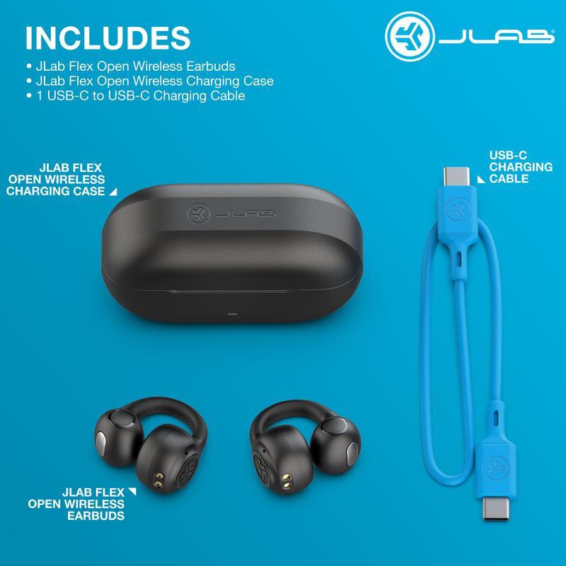 JLab Flex Open Earbuds, Open Ear Clip-On Fit, 21+ Hours Playtime, IPX4 Water Proof, Bluetooth Multipoint, Noise-Canceling Mics, Google Fast Pair, Android iOS, Lightweight, 2 Year Warranty