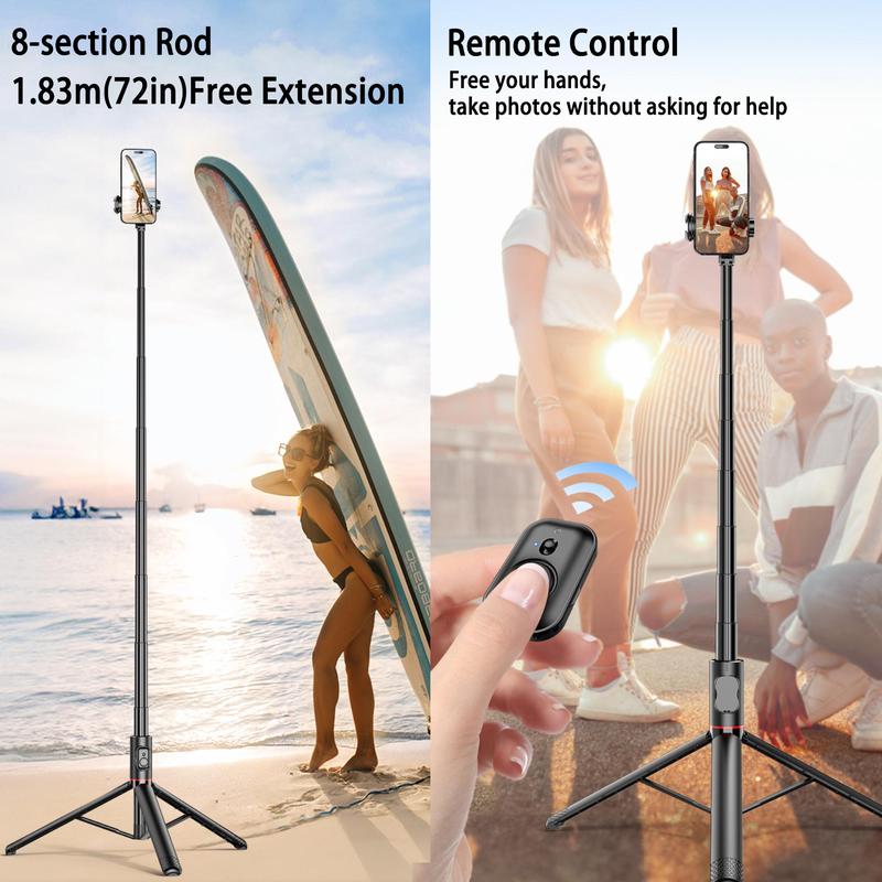 Lightweight & Telescopic Selfie Stick, 72 inch Expandable Cell Phone Tripod, Phone Selfie Stick with Remote, Selfie Stick Tripod Compatible with iOS Android