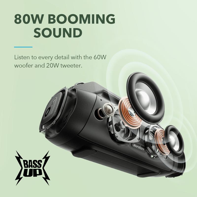 Anker Soundcore Motion Boom Plus Outdoor Speaker with 80W Booming Sound, 20H Playtime, IP67 Waterproof and Dustproof, Type-C, Custom EQ, Bluetooth 5.3, Portable Bluetooth Speaker For Outdoors, Camping