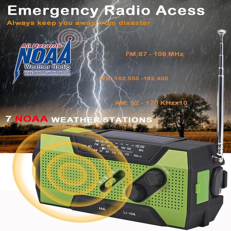 Solar Powered Radio, Multifunctional Emergency Weather Radio with Power Bank Function, AM FM NOAA Radio with LED Flashlights & Reading Lamp & SOS Alarm