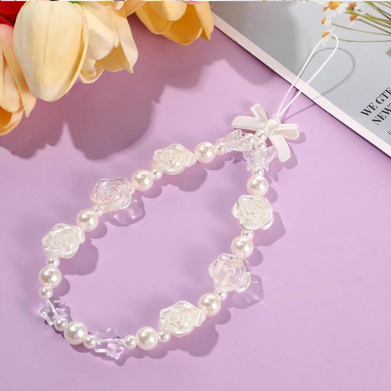 3 Pcs Butterfly Bow Knot Beaded Phone Charm Heart Y2k Pearl Strap Lanyard Wrist Cute Aesthetic Flower Stationery Decoration Charm Accessories Acrylic