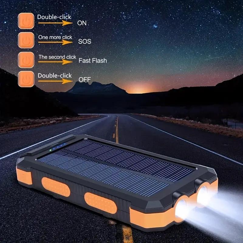 10000mAh Portable Solar Power Bank, Solar Powered Charger with Dual LED Flashlights, Power Bank for Travel, Camping