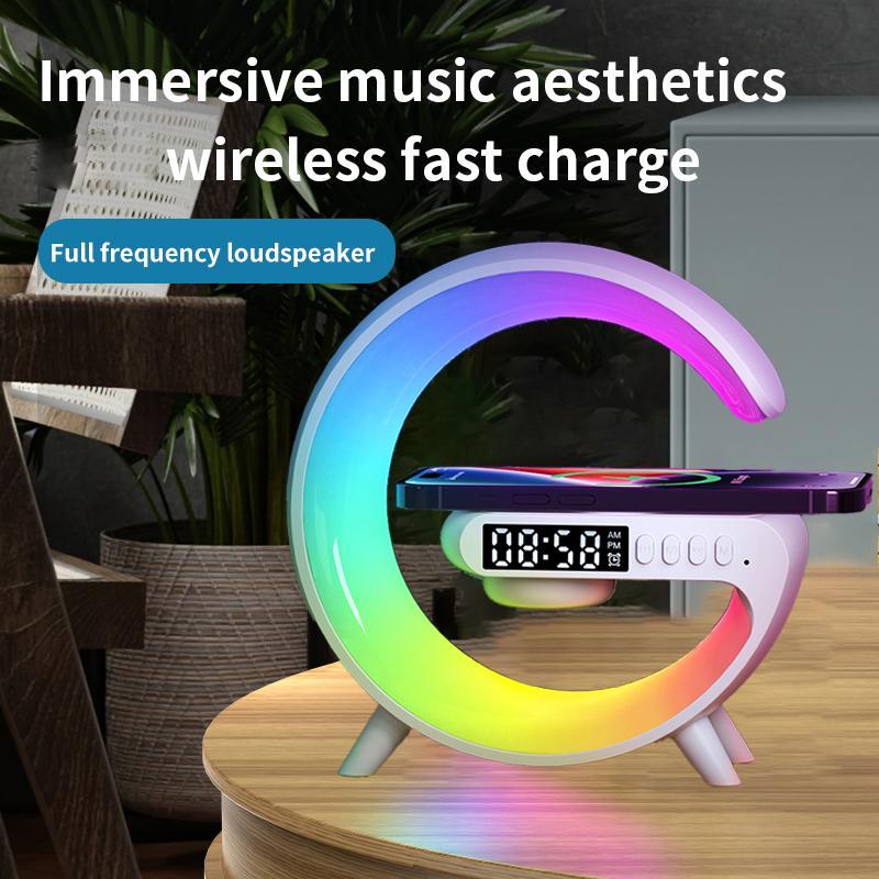 RGB Night Light Lamp Multifunctional Wireless Audio Speaker, Multifunctional Wireless Speaker with Alarm Clock, Rechargeable Speaker, Wireless Charger Station for Smartphone