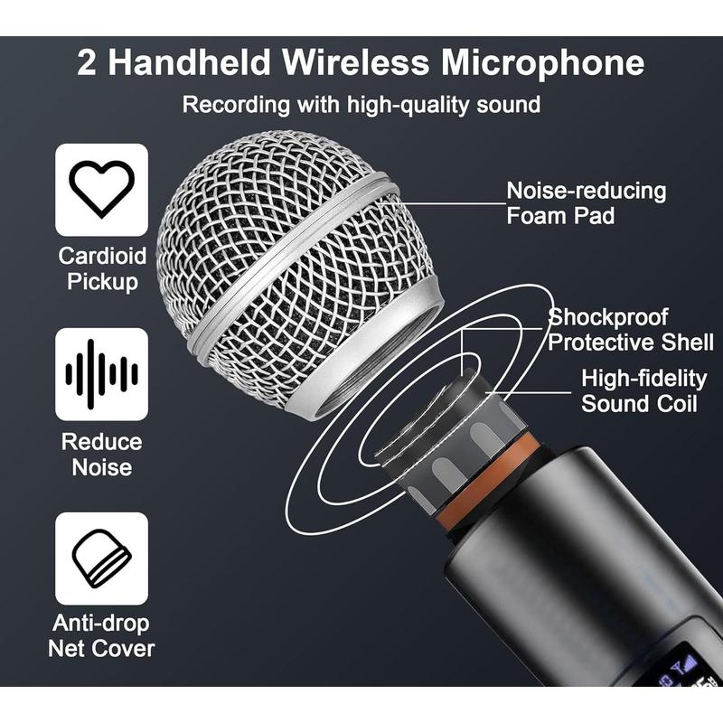 Wireless Microphone, UHF Dual Handheld Cordless Microphone with Rechargeable Receiver, 40H Duration, 200ft Range, Microphone for Singing, Karaoke, Church, Speech, Wedding, Party Singing Audio Smartphone