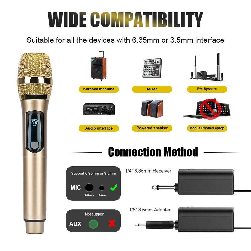 Wireless Microphone, Rechargeable Portable Microphone, Multipurpose Microphones for Karaoke Singing, Speech, Wedding, Church, PA System