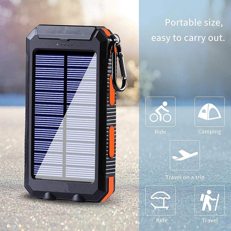 10000mAh Portable Solar Power Bank, Solar Powered Charger with Dual LED Flashlights, Power Bank for Travel, Camping