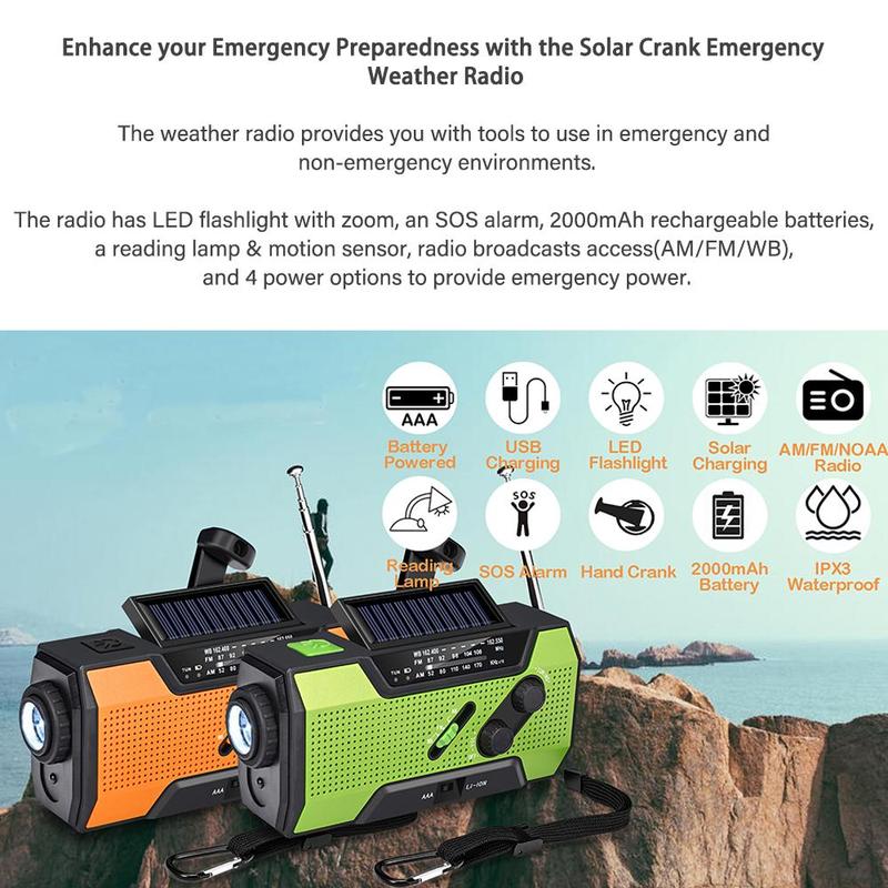 Solar Powered Radio, Multifunctional Emergency Weather Radio with Power Bank Function, AM FM NOAA Radio with LED Flashlights & Reading Lamp & SOS Alarm